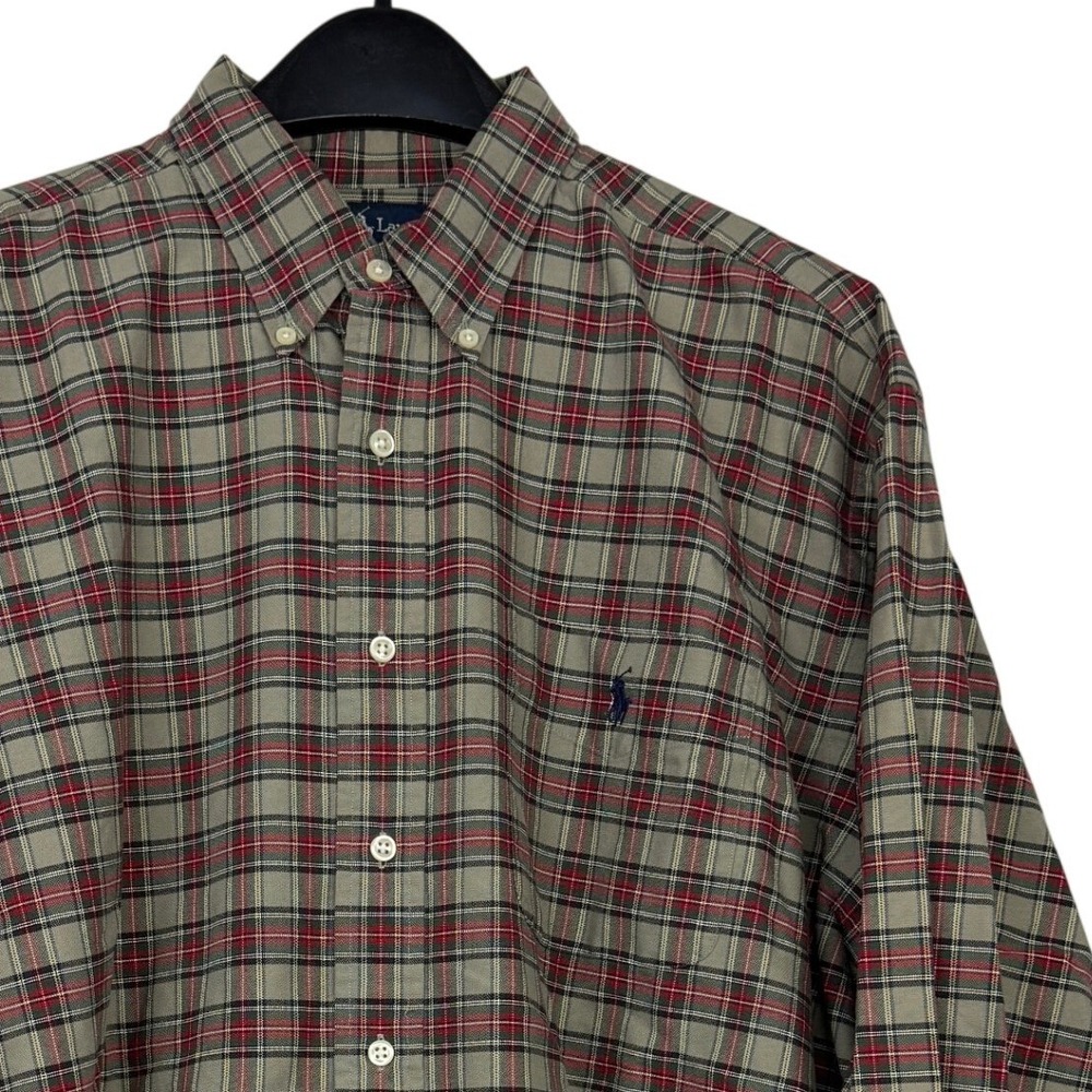 Vintage Polo Ralph Lauren "BIG SHIRT" Mens L Cotton Red Green Plaid Button Down
